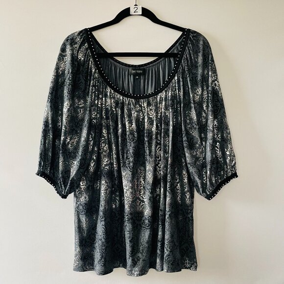 Karen Kane Womens Blue Gray Balloon Sleeve Rhinestone Floral Blouse Top Plus 1X - Picture 1 of 8